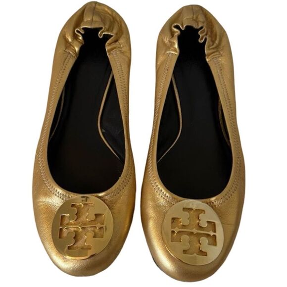 Tory Burch Shoes - Tory Burch Gold Leather Reva Scrunch Ballet Flats